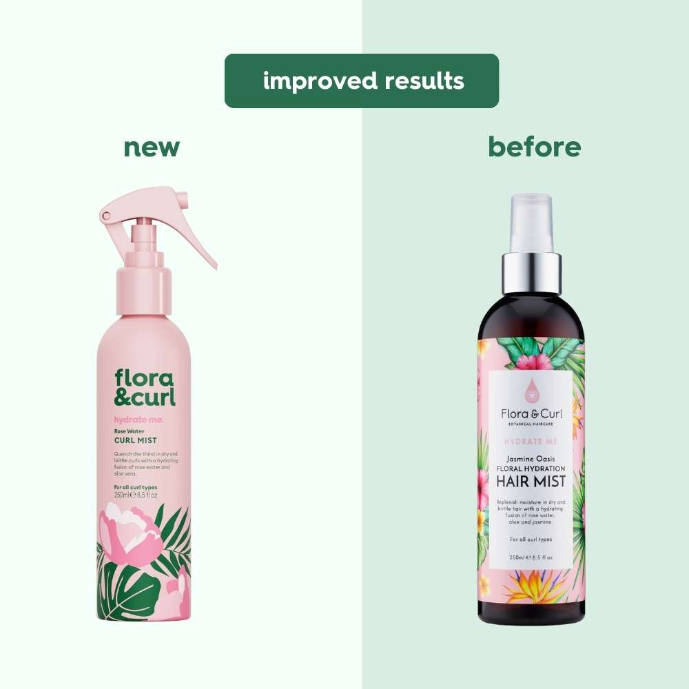 Flora & Curl Rose Water Curl Mist Before & After Rebrand