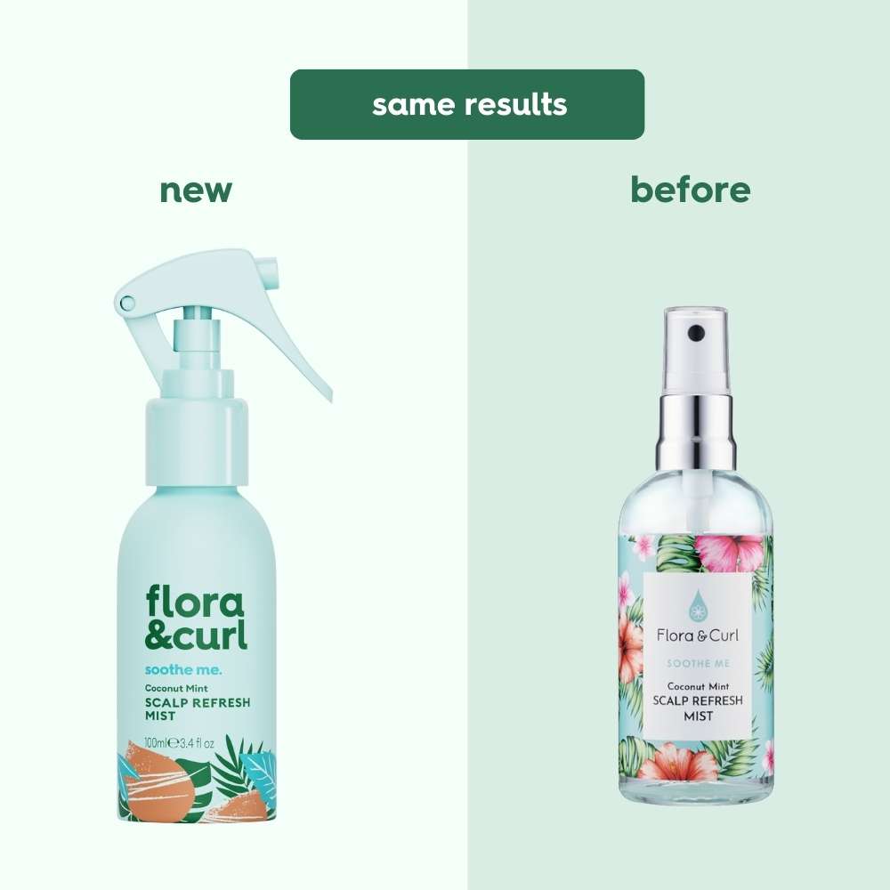 Flora & Curl Coconut Mint Scalp Refresh Mist- Rebrand-Before & After- Curl Care