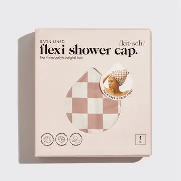 Kitsch Satin Lined Flexi Shower Cap- Terracotta Checker