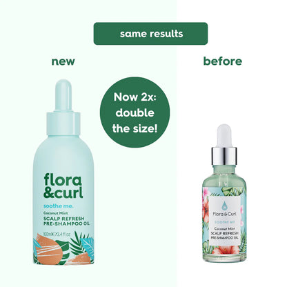 Flora & Curl Coconut Mint Scalp Refresh Pre-Shampoo Oil- Before & After Rebrand