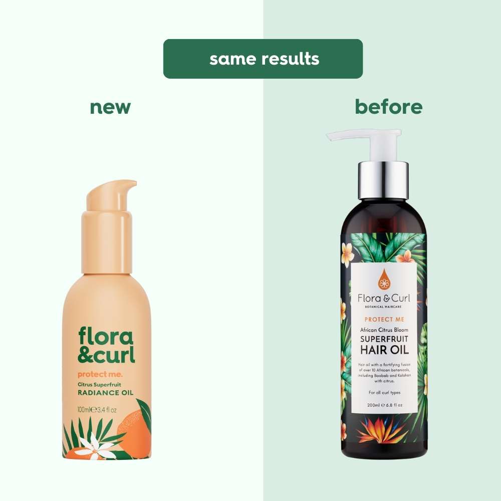 Flora & Curl Citrus Superfruit Radiance Oil- Rebrand-Before & After- Curl Care