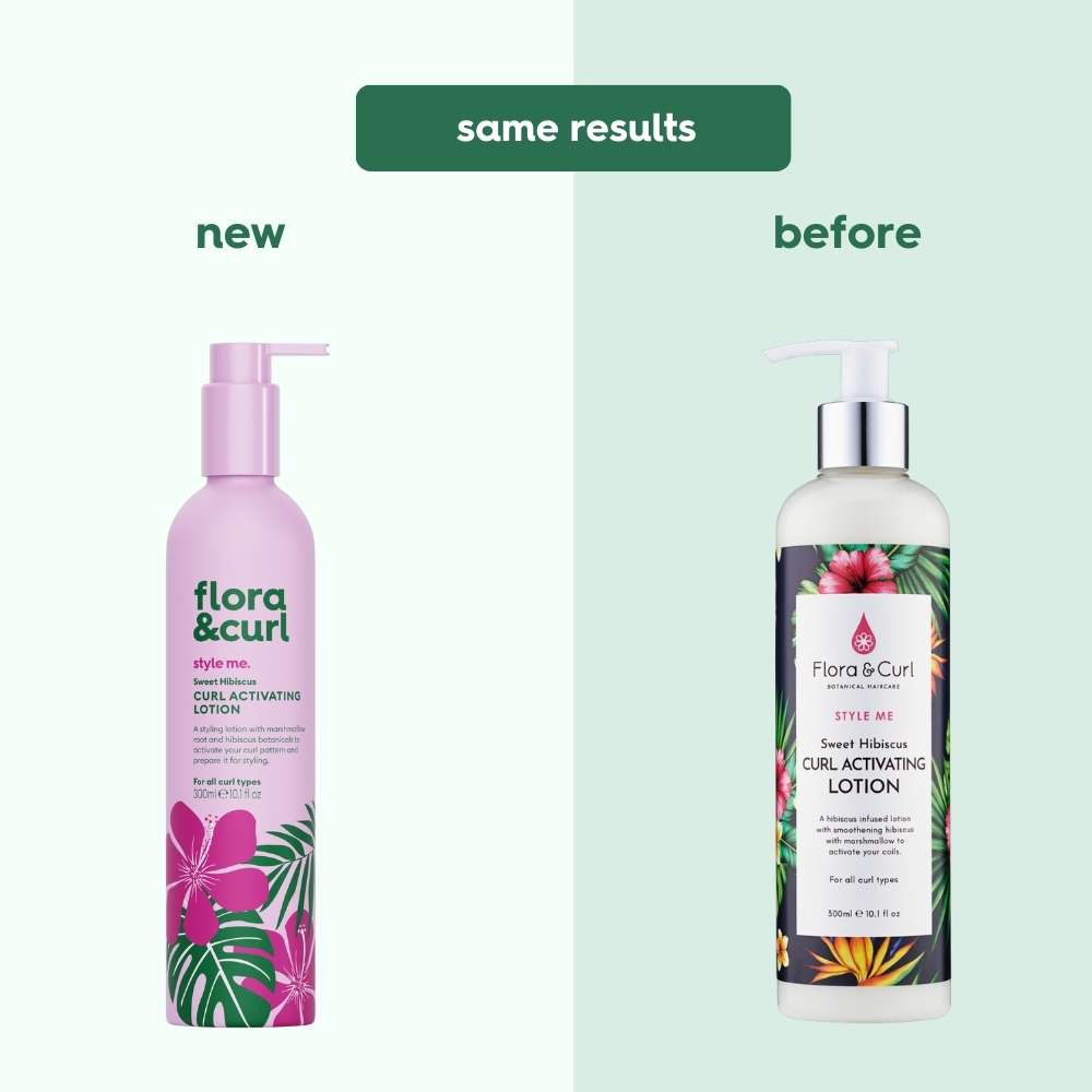 Flora and Curl Curl Activating Lotion Before and After Rebrand- Curl Care