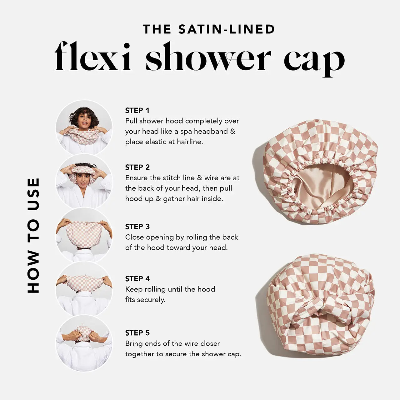 Kitsch Satin Lined Flexi Shower Cap- Terracotta Checker